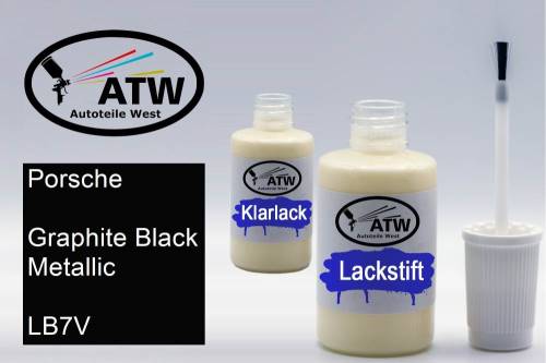 Porsche, Graphite Black Metallic, LB7V: 20ml Lackstift + 20ml Klarlack - Set, von ATW Autoteile West.